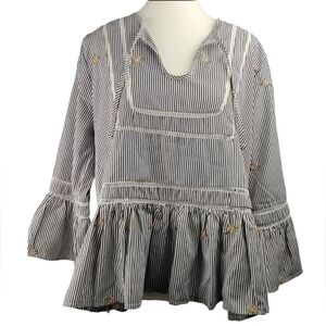 Jaase Gray Striped Boho Peplum Blouse Bell Sleeve Cottagecore Fairy Top Size L